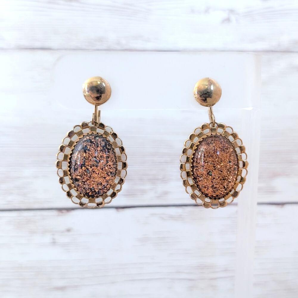 Vintage Screw On Earrings Large Orange Glitter with Fancy Gold Tone Halo